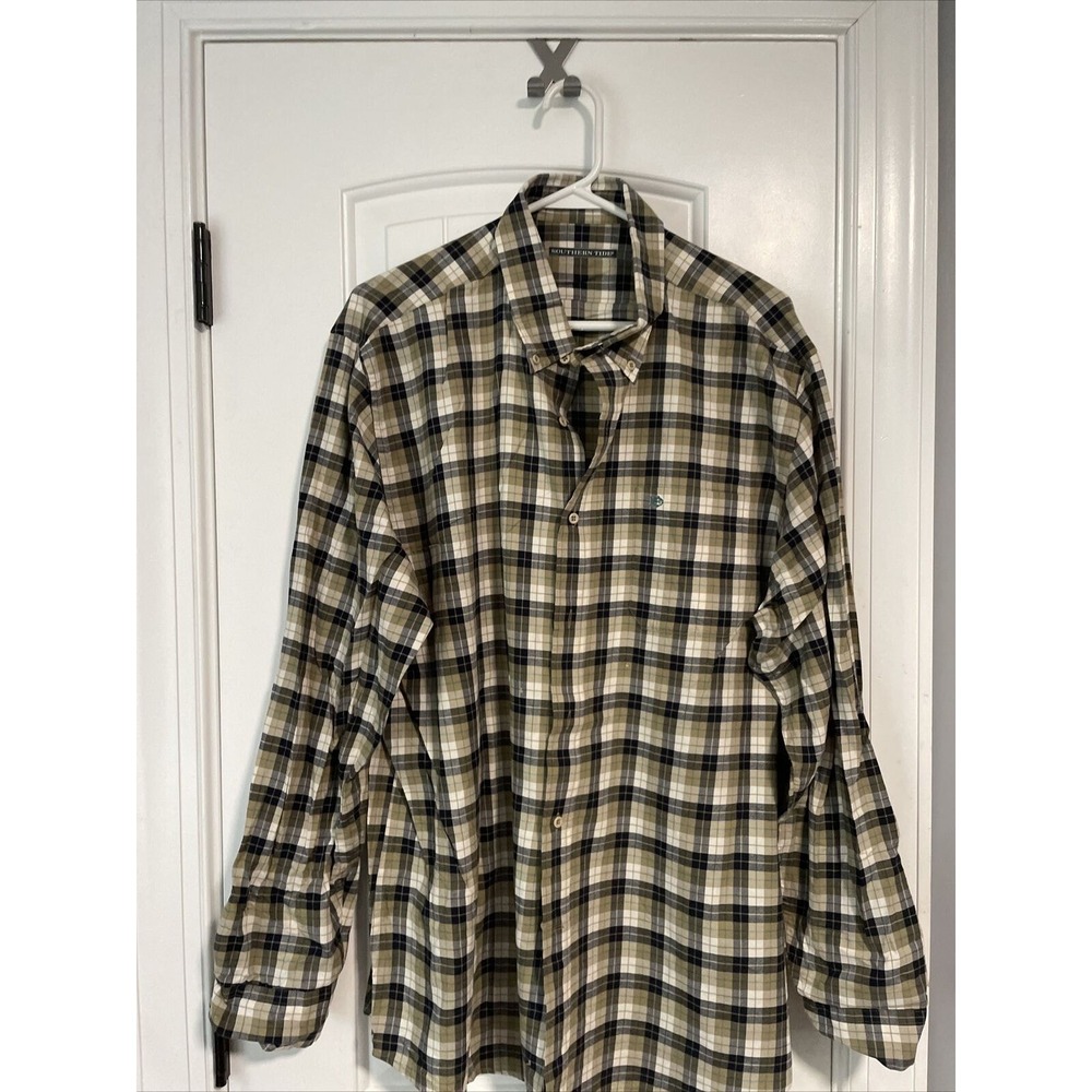SOUTHERN TIDE Casual LS Camp Shirt Mens L 100% Cotton Plaid Beige Cream Blue